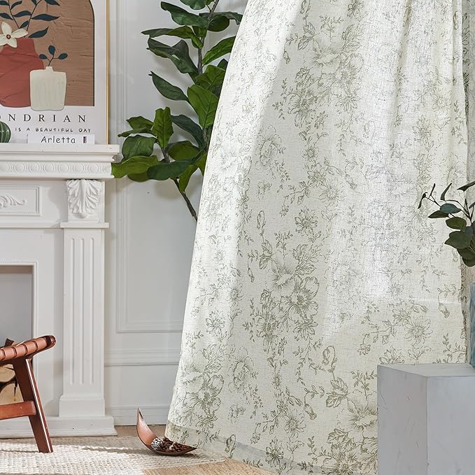 jinachan Pinch Pleated Curtains Floral Linen Blend Curtains for Living Room 90 Inches Length Christmas Green Peony Flower Printed Curtain Rod Pocket Back Tab Farmhouse Drapes with Hooks Set 2 Panels