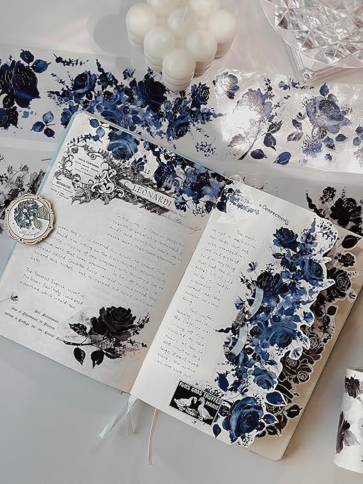 WT Cobalt Blue Wide PET Tape, Single Roll, Original Designs, Floral Decors, Transparent Clear Adhesive, Junk Journal Scrapbook Bujo Planner DIY Craft Supplies Gifts, Watercolor Flower