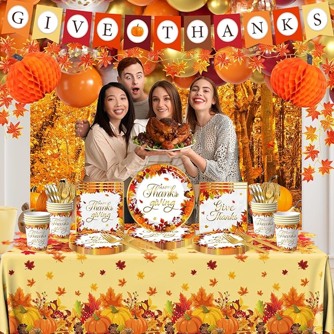 Thanksgiving Decorations,247pcs Fall Themed Give Thanks Decorations Thanks Giving Decorations Party Plates Napkins Cups Tablecloth Balloons for Thanksgiving Party Decorations,Serve 24