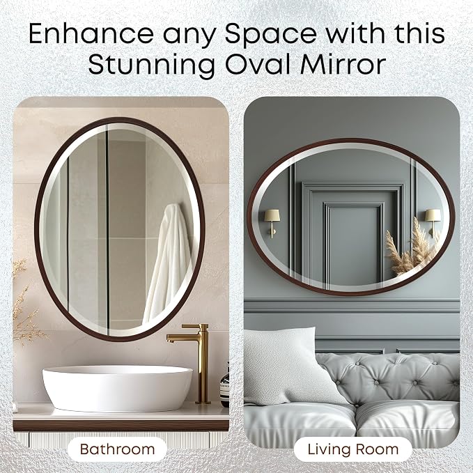OVALCREST - Oval Wooden Beveled Wall Mirror for Home Decor, Bathroom, Vanity, Bedroom, Living Room, Hallway - London Style (Black Walnut) 37.1 x 25.1