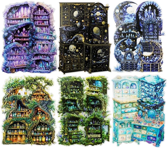 AuriicLeaf Magic Cabinet PET Stickers Set, 60PCS Fantasy Journal Stickers for Scrapbooking DIY Crafts Planner