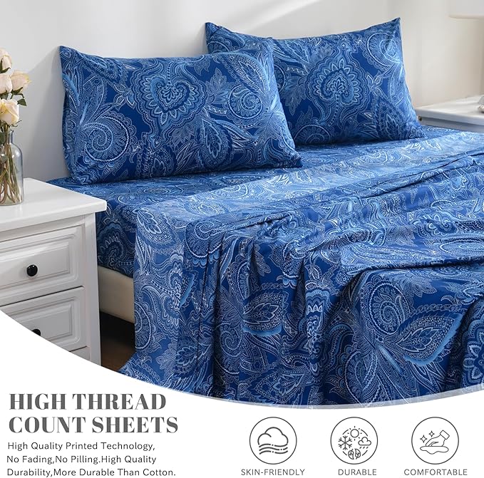 Bedlifes Twin Sheet Set Ultra Soft, Breathable, Silky Flower Deep Pocket 100% Microfiber Bedding, 3 Piece Twin Size Paisley Dark Navy Blue