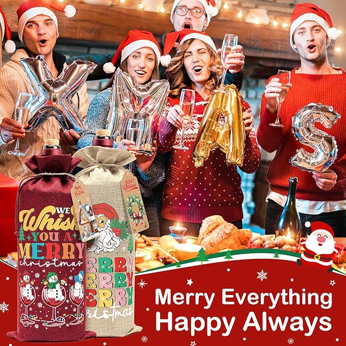 Aoonby 24PCS Burlap Wine Bags Christmas Wines Gift Bag, Drawstring Retro Christmas Bottle Cover Gift Bag w/Tag, Reusable Wines Bags for Bottles Gifts Wine Bottle Covers for Xmas Holiday Party Decor