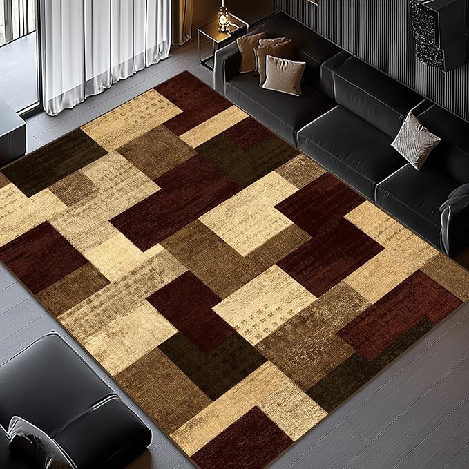 Modern Geometric Patchwork Indoor Area Rug for Living Room, Red 6x9 Large Rug Rockwood Collection Hardwood Floors Decor for Bedroom, Burgundy Throw Carpet for Office Entryway Dining Room