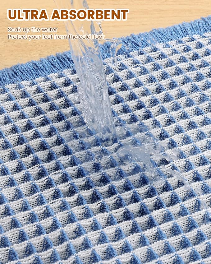 Smiry Waffle Bath Mat 60x24, Extra Soft Absorbent Bathroom Rugs, Non Slip Machine Washable Quick Dry Bath Rugs for Bathroom Floor, Tub, Shower, Home Decor Accessories, Blue & Cream