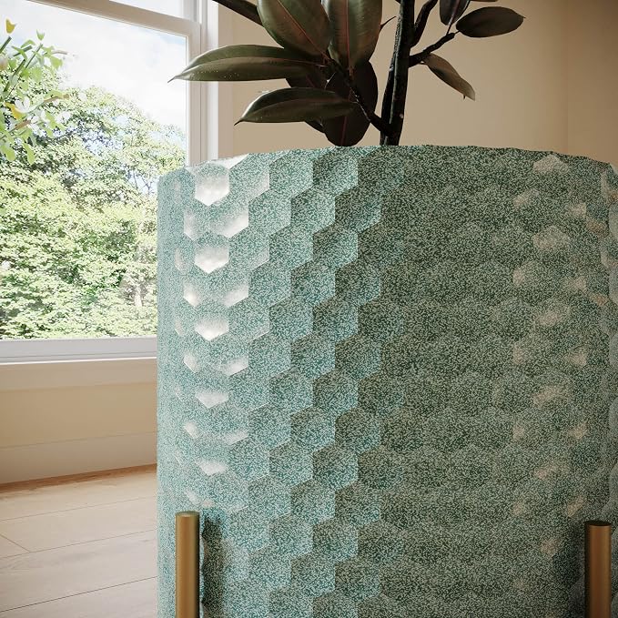 EverNest Mid-Century Modern Rhys Honeycomb Embossed Planter Pot with Ambrose Stand, Metal Indoor Plant Pots, Blue Green Bohemian Style (Small 1 Gallon)