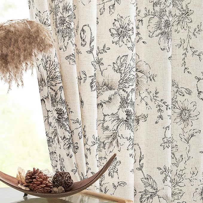 JINCHAN Pinch Pleated Curtains Floral Linen Blend Curtains for Living Room 108 Inches Length Black Peony Flower Printed Curtain Rod Pocket Back Tab Farmhouse Pinch Pleat Drapes with Hooks Set 2 Panels