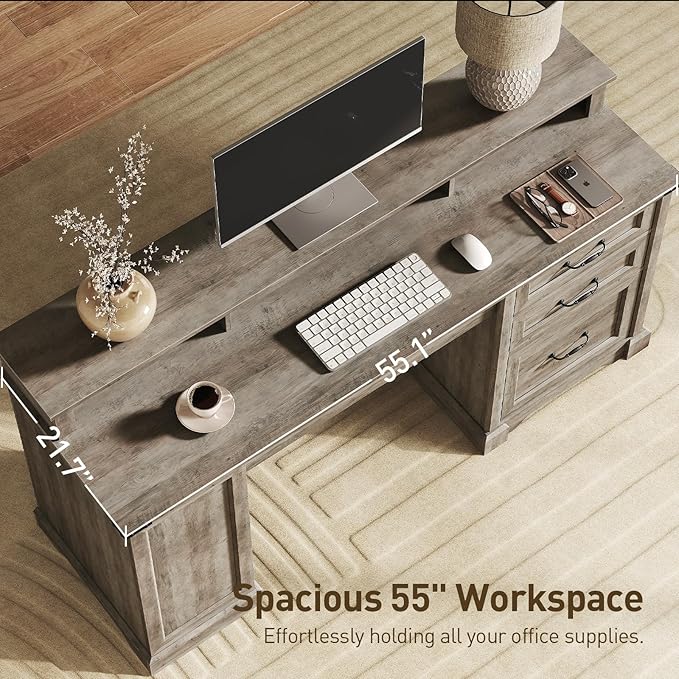 55'' Farmhouse Executive Desk with Drawers, Home Office Desk with File Cabinet and Storage Shelf, Charging Station, Computer Desk with Monitor Stand, Writing Gaming Desk, Greige