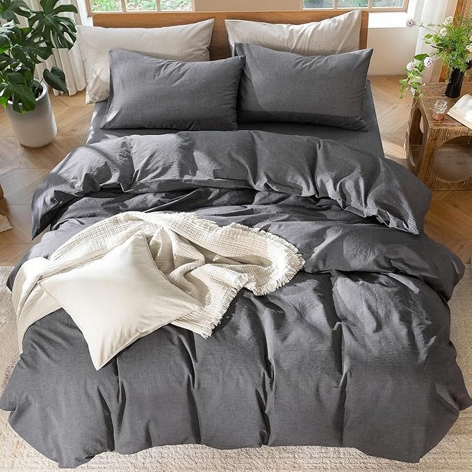 MooMee Bedding Duvet Cover Set 100% Washed Cotton Linen Like Textured Breathable Durable Soft Comfy (Heathered Dark Grey, King 104"x90")
