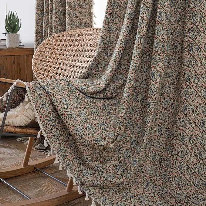 ENJOYBRIDAL Floral Living Room Curtains 84 Inches Boho Drapes Jacquard Semi Sheer Bedroom Patterned Window Curtains Farmhouse Country Rod Pocket Aesthetic Tassel 2 Panels Window Treatments