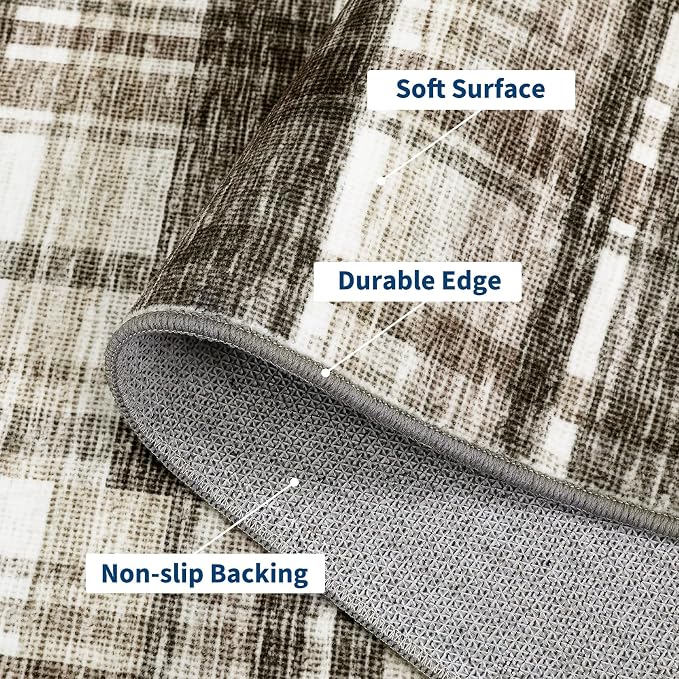 Runner Rugs for Hallway 2x6 Bathroom Rug Washable Area Rug Modern Plaid Low Pile Entryway Rug Small Non Slip Kitchen Rugs Stain Resistant Carpet for Laundry Bedroom Entrance, Beige 2'x6'