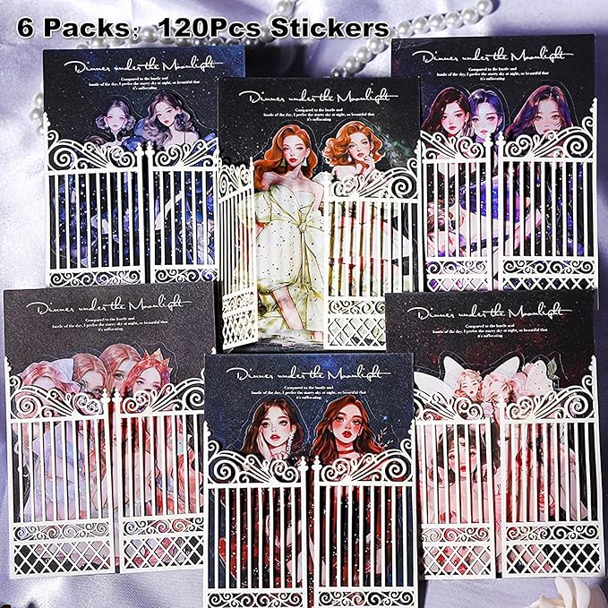 AuriicLeaf Elegant Girl PET Sticker Set, 120PCS Vintage Fashion Girl Stickers with Silver Accents for Scrapbooking Journaling DIY Crafts Art Supplies
