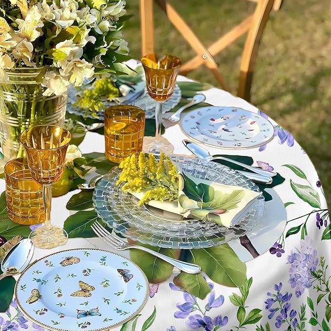 Eikione 60In Round Tablecloth, Floral Tablecloths Polyester Waterproof Stain Wrinkle Free, Indoor and Outdoor Table Cover for Kitchen Party Dining Table