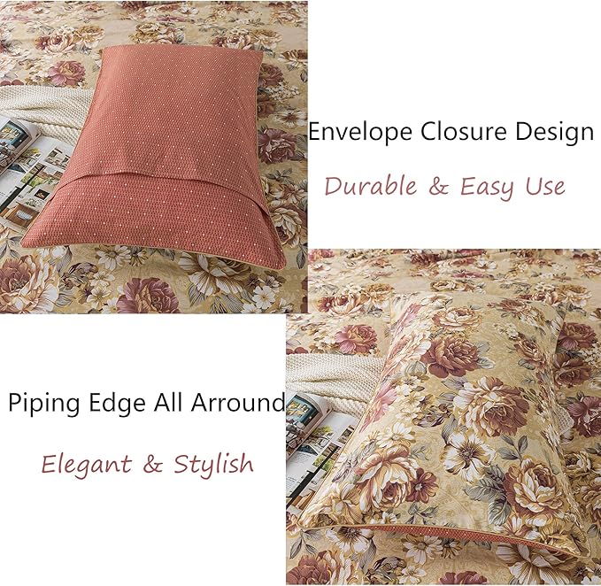 FADFAY Duvet Cover Sets Tan Peony Floral Bedding Shabby Brown Flower Comforter Cover Set Vintage Farmhouse Bedding 100% Cotton Quilt Cover with Hidden Zipper Closure 3Pcs, King/California King Size