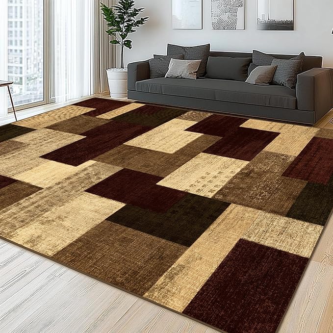 Modern Geometric Patchwork Indoor Area Rug for Living Room, Red 4x6 Large Rug Rockwood Collection Hardwood Floors Decor for Bedroom, Burgundy Throw Carpet for Office Entryway Dining Room