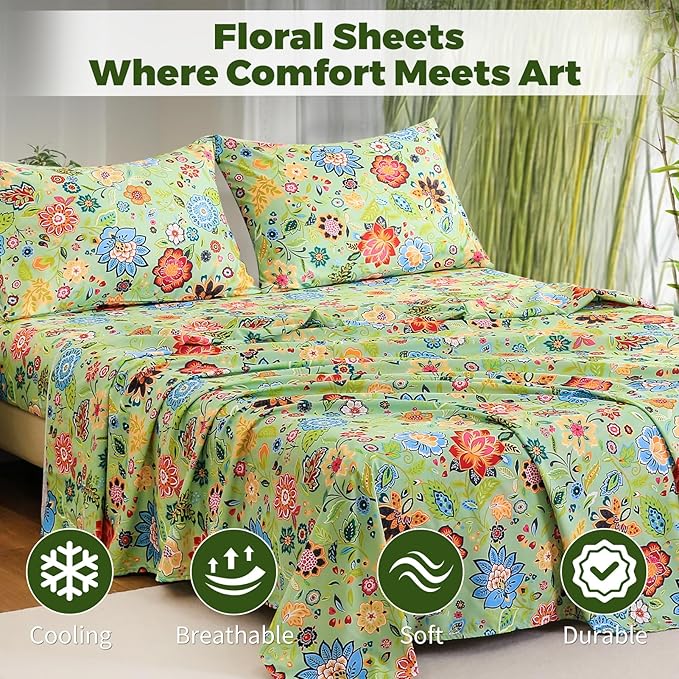 Bedlifes Queen Floral 4-Piece Sheet Set - Cooling Sheets Blend Rayon Derived from Bamboo,Soft & Breathable, Deep Pocket 16", Wrinkle Resistant - Vibrant Boho Floral Sage Green