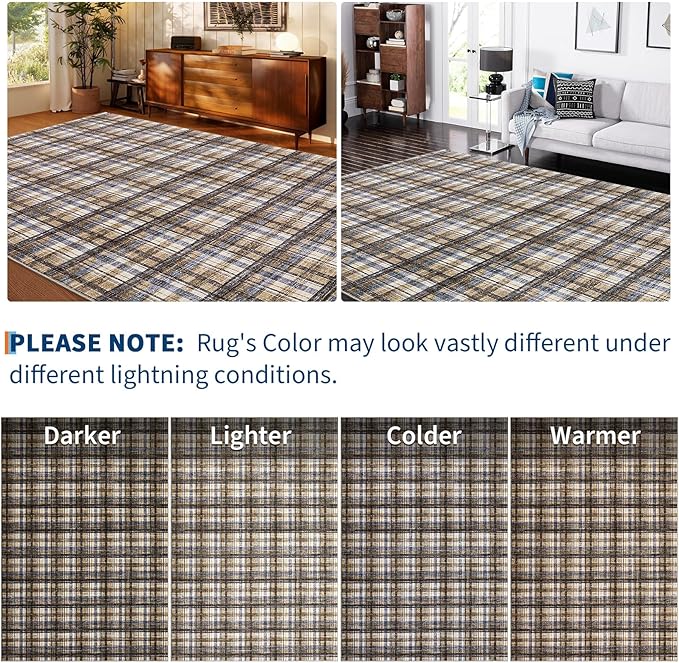 Washable Rug 9x12 Area Rug for Living Room Modern Bedroom Rug Large Area Rug Non Slip Throw Rugs Soft Low Pile Stain Resistant Carpet for Dining Room Department Dorm, 9'x12' Blue&Camel