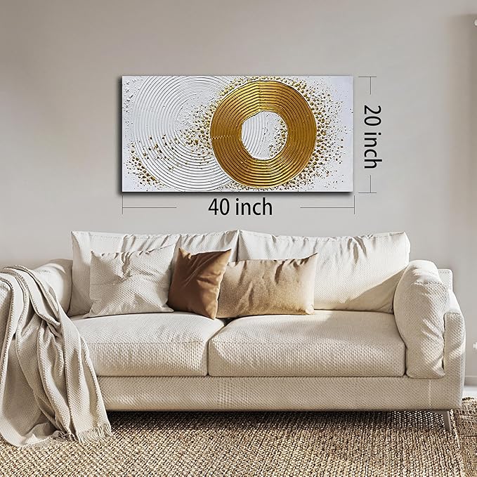 Abstract Hand Painted Wall Art for Living Room White and Gold Wall Decor for Office Circle Wall Art for Bedroom Size 20 x 40 Inch