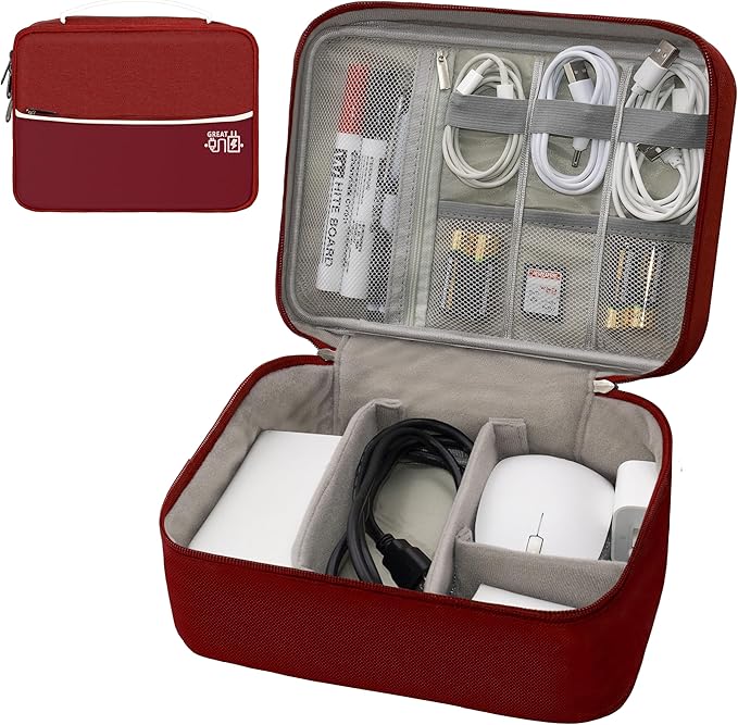Electronics Organizer,Travel Cord Organizer Pouch, Portable Cable Organizer Bags, Waterproof Electronic Accessories Storage Case for Cables, Cords, Charger, Phone (Double Layer-Winered)