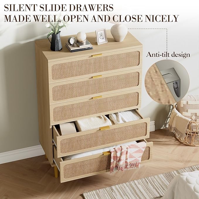 Garvee Rattan Dresser with 5 Drawers, Tall Modern Closet with Deep Storage, Large Chest of Drawers with Wide Top, Long Wooden Dresser for Bedroom, Living Room, Hallway, Kids Room, Natural