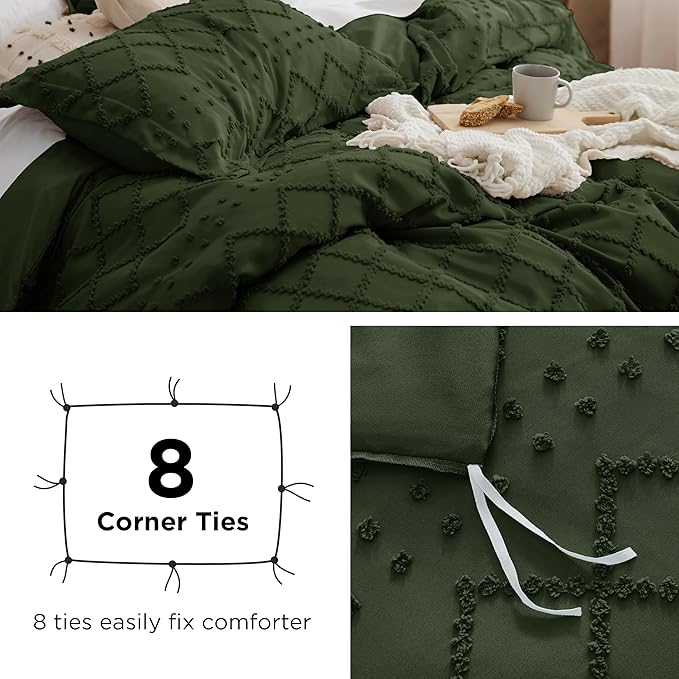 Bedsure Boho Duvet Cover Queen Size - Dark Green Breathable & Soft Boho Bedding, Machine Washable Comforter Cover for All Seasons, Includes 1 Duvet Cover 90"x90" with 2 Pillow Shams & Zipper Closure