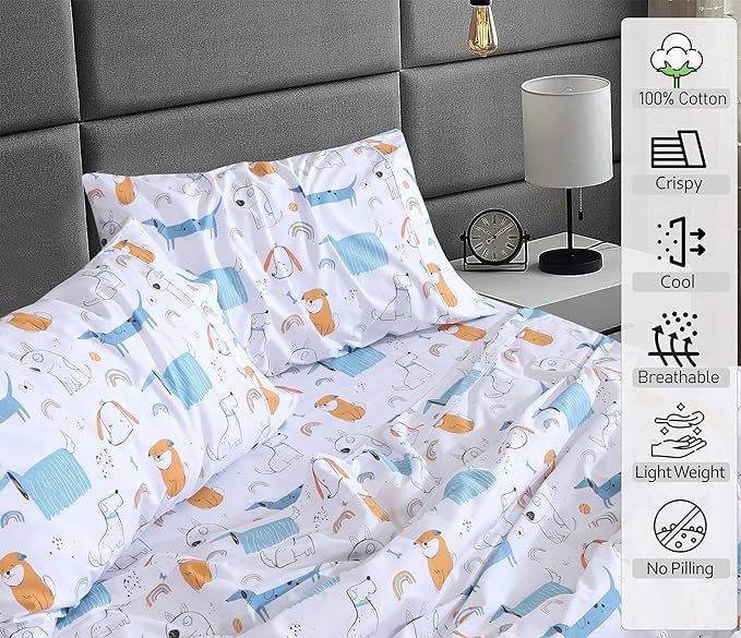 RUVANTI 100% Cotton Sheets Queen Size Set, 4 Pieces, Soft & Breathable Percale Weave Bedding, Deep Pocket 16", Hotel Standard, Crisp Cool Feeling, Durable, Perfect Floral Bed Sheet, Puppy Me