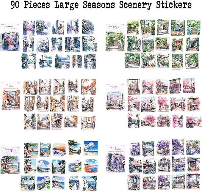 Dwpetzo 90 Pieces Large Seasons Scenery Stickers for Journaling, Watercolor Sylte Transparent PET Stickers for Scrapbooking, Junk Journal Supplies, Collage, Scrap Book, DIY Crafts Arts