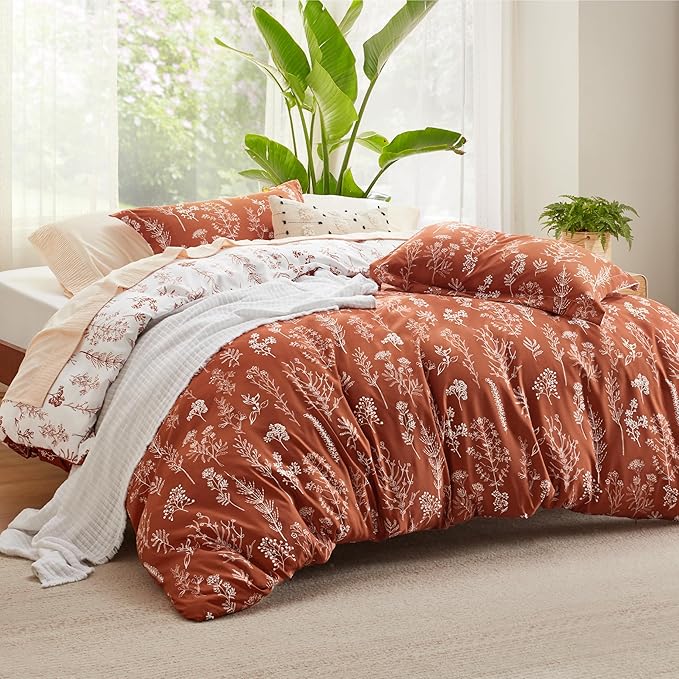 Bedsure Twin/Twin XL Duvet Cover - Reversible Terracotta Duvet Cover Set with Zipper Closure, 2 Pieces Cute Floral Botanical Pattern Bedding Set with 8 Corner Ties and 1 Pillow Sham