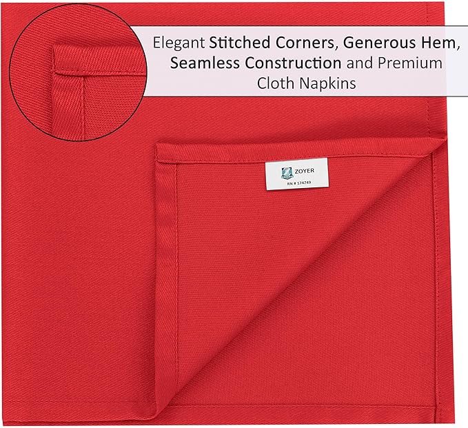 Zoyer Cloth Napkins Set of 12, 18x18 Inches Cotton Enrich Napkins Cloth ‎Washable, Soft & Durable Dinner Napkins for Parties, Wedding, Christmas, ‎Thanksgiving & Everyday Use - Red
