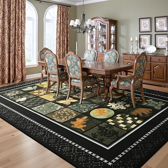 Tepook 5x7 Area Rugs for Living Room, Modern Large Geometric Rug for Bedroom, Washable Patchwork Rug Indoor Non Slip Throw Carpets for Dining Room Office Farmhouse Home Decor, Black
