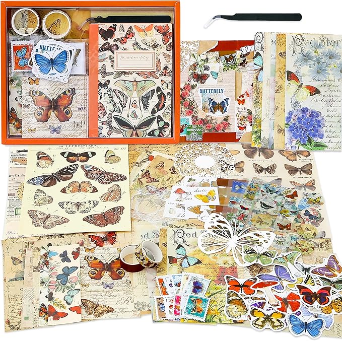 emmoolife Vintage Aesthetic Scrapbooking Supplies Kit, Butterfly Junk Journal Scrapbook Kit with Journaling Supplies, A6 Grid Notebook, Stationery, Birthday Craft Gift Set for Teen Girl Women