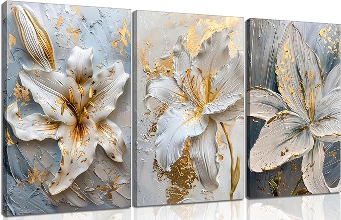 3Pcs Abstract Golden White Flower Canvas Wall Art Boho Gold Foil Blossom Oil Painting 2D Plane Textured Floral Wall Decor Nordic lily Posters Prints for Living Room Bedroom Office Pictures Framed