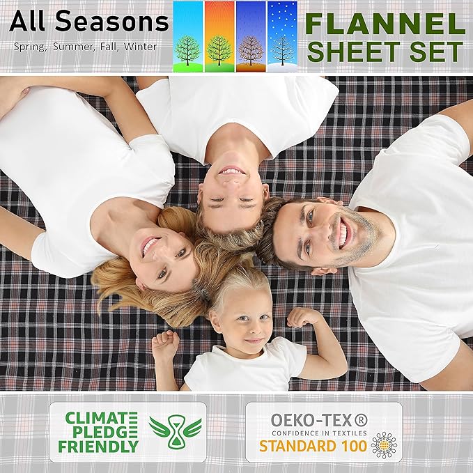 RUVANTI Flannel Sheets Queen Size - 100% Cotton Double Brushed Bed Sheets, Deep Pockets 16 Inches Queen Sheet Set, All Seasons Breathable & Extra Soft - Warm & Cozy, 4 Piece, Peach & Black Plaid