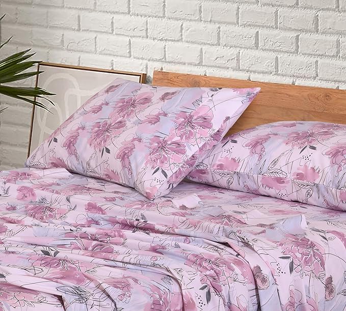RUVANTI 100% Cotton Sheets Queen Size Set, 4 Pieces, Soft & Breathable Percale Weave Bedding, Deep Pocket 16", Hotel Standard, Crisp Cool Feeling, Durable, Perfect Floral Bed Sheet, Lilac Floral