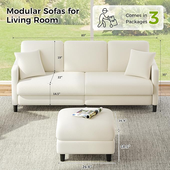 83" Couches for Living Room, Comfy Sofas for Living Room with Storage Ottoman, Teddy Sofa Couch, Tool-Free Loveseat Sofa, All-Wood Love Seat Couches, L Shaped Couch 2 Pillow Included, Beige