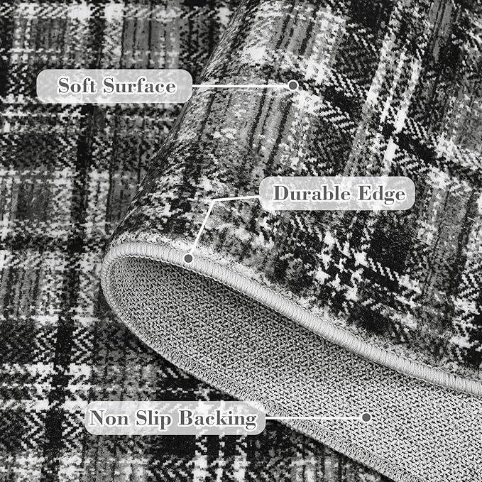 Washable Runners for Hallways 2x10 Rug Modern Bathroom Rugs Non Slip Kitchen Rugs Farmhouse Low Pile Entryway Rug Soft Stain Resistant Carpet for Laundry Hallway Bedside, 2'x10' Black&Grey