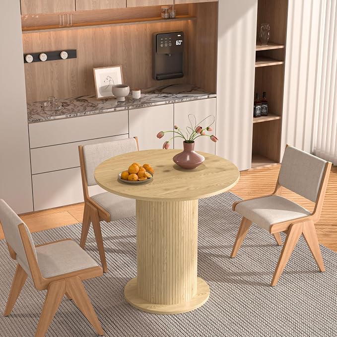 31.5 inch Round Dining Table for 2, Modern Farmhouse Kitchen Table, Small Circle Dining Tables with Wood Strip Base for Kitchen Living Room (Natural)