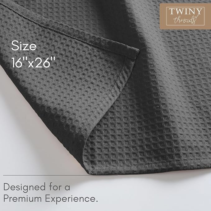 TWINY threads Gray Waffle Kitchen Towel 4 Pack, 16x26 Inches, Premium 100% Cotton Kitchen Linen Set, Absorbent Dish Cloths for Cleaning and Drying Dishes, Machine Washable, Durable, Quick Dry, Grey