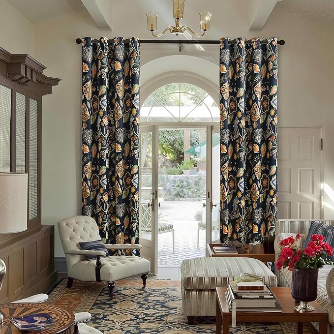 XiDi Navy Blue Vintage Floral Patterned Blackout Curtains 84 Inches Long for Bedroom Living Room 2 Panels Thermal Insulated Luxury Modern Curtains Dark Botanical Leaf Printed Design Grommet Drapes