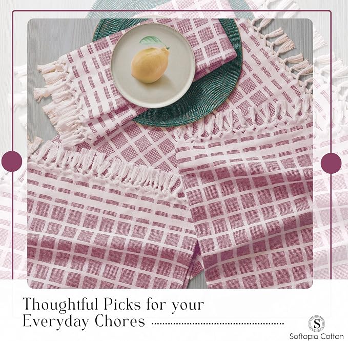 Matrix Dobby Kitchen Towels 4 Pack 100% Cotton, 16x26 Inches, Decorative Tea Towels with Handmade Tassels, Absorbent Reusable Dish Cloths for Kitchen Drying - Burgundy Wine, Natural