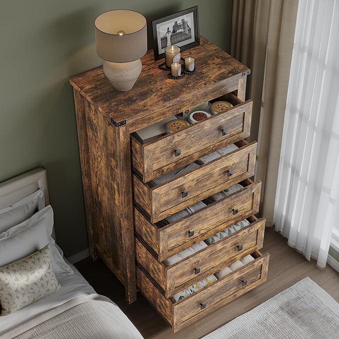 BORNOON Tall 5-Drawer Dresser, Modern Wooden Storage Chest of Drawers, Dresser TV Stand, Wood Drawer Organizer with Metal Handles for Bedroom, Living Room, Hallway