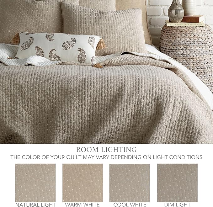 Levtex Home Cross Stitch Reversible Full/Queen Quilt Set (88x92in) with 2 Pillow Shams (26x20in) - Stitch Texture - Taupe - Cotton Full/Queen Size Quilt Bedding Set - Lightweight, Soft, Pre-Washed