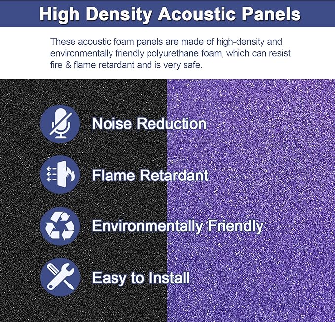 52 Pack Acoustic Foam Panels,1" x 12" x 12"Acoustic Wedge Studio Foam Sound Absorption Wall Panels (Black and purple)