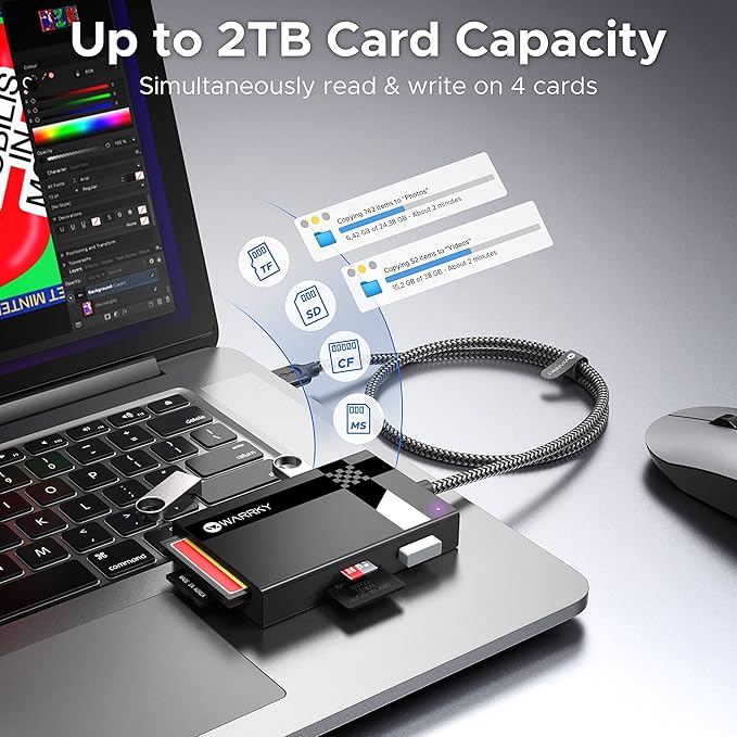 SD Card Reader 7 in 1, WARRKY [Dual Connector USB3.0/USB C, 2.5FT Nylon Cable] Memory Camera Card Adapter Hub for Micro SD/CF/MS/UHS-I, Fit for iPhone 17, Camera, MacBook Pro/Air, Mac, iPad, Android