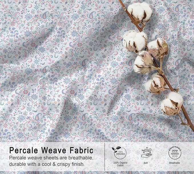 RUVANTI 100% Organic Cotton Sheets King Size, Percale Weave, GOTS Certified, 4-Piece Set, Deep Pocket 15", Crisp & Breathable, Soft Durable Bedding, Sábanas Algodón Orgánico – Multi Paisley