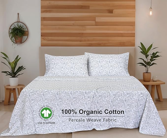 RUVANTI 100% Organic Cotton Sheets Queen Size, Percale Weave, GOTS Certified, 4-Piece Set, Deep Pocket 15", Crisp & Breathable, Soft Durable Bedding, Sábanas Algodón Orgánico – Ornate Oasis