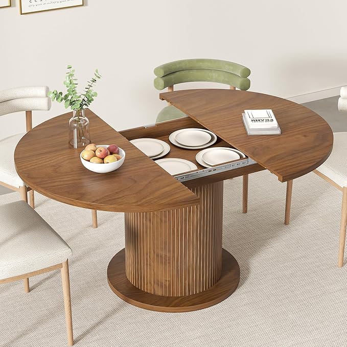 43.3 inch 59 inch Adjustable Size Round Dining Table for 4 6, Unique Design Modern Farmhouse Kitchen Table, Circle Dining Tables with Wood Strip Base for Kitchen Living Room (Walnut)