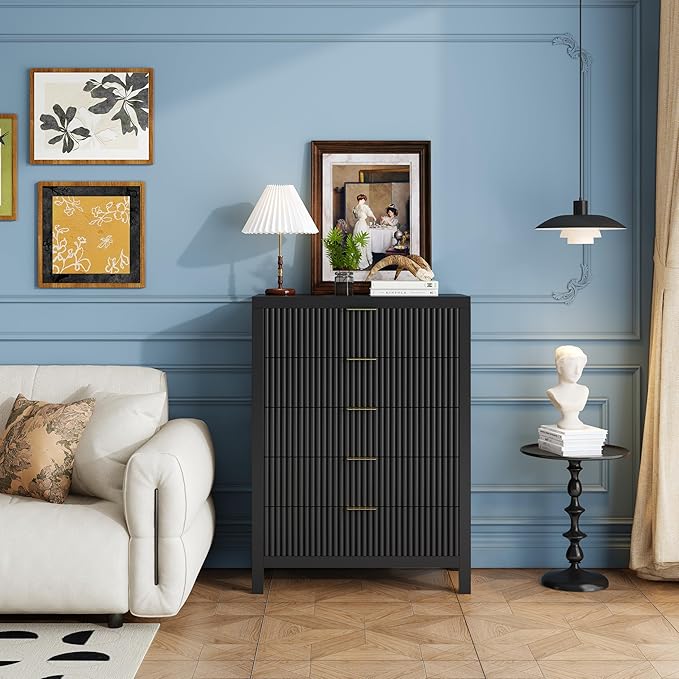 JZXSHD 5 Drawer Dresser, 43" Tall Dresser Organizer TV Drawer Cabinet Modern Wood Storage Cabinet, Modern Wood Storage Cabinet for Bedroom, Hallway, Entryway, Black Oak X 2