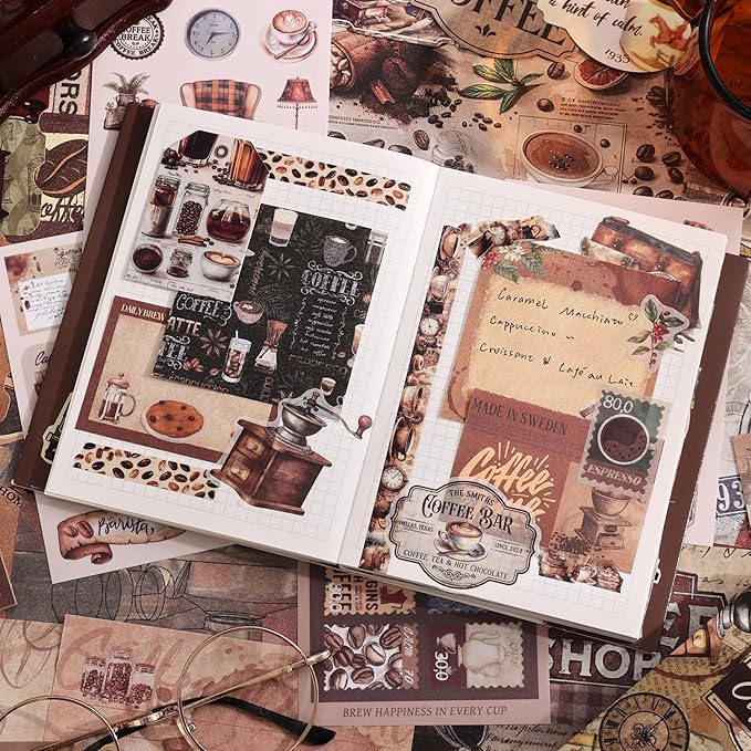 emmoolife Scrapbooking Supplies Kit, Coffee Vintage Aesthetic Scrapbook Kit for Bullet Junk Journal, DIY Journaling Supplies with Coffee Bean Cup, Latte Art, Birthday Craft Gift for Teen Girl Women
