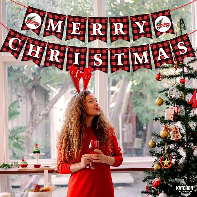 KatchOn, Merry Christmas Banner for Mantle- Large, 10 Feet, No DIY | Red and Black Christmas Fireplace Banner | Buffalo Plaid Christmas Decorations Indoor | Xmas Party Decorations | Xmas Decorations